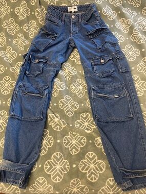 Fashion Nova Billie low slung Dark Blue Denim Wide Leg Cargo Jeans
